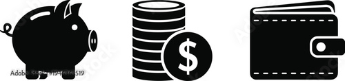 Financial savings icon set featuring piggy bank coin stack with dollar sign and leather wallet vector for banking and investment