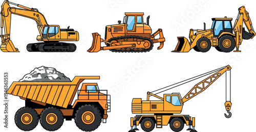 Heavy construction machinery vector set including excavator bulldozer backhoe dump truck and mobile crane, industrial engineering equipment illustration 