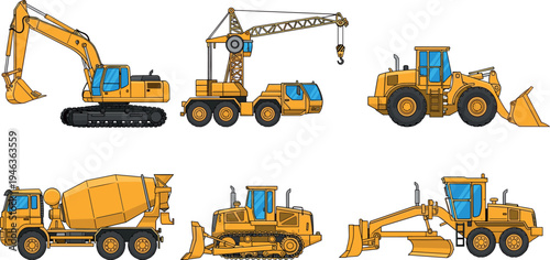 Heavy construction machinery collection vector illustration featuring excavator crane loader bulldozer grader and cement mixer isolated on light background for industrial building equipment concept