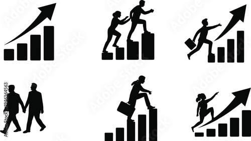 Business success silhouettes featuring people climbing bar charts and achieving growth isolated on white background cad drawing flat vector illustration
