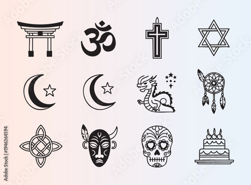 Collection of diverse cultural and religious symbols illustration set