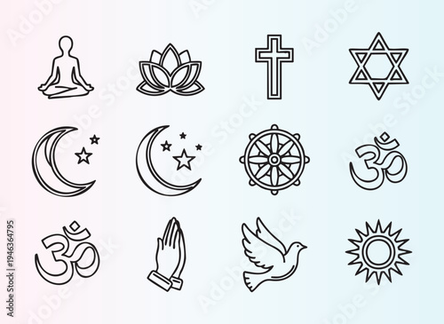 Collection of diverse religious and spiritual symbols illustration set
