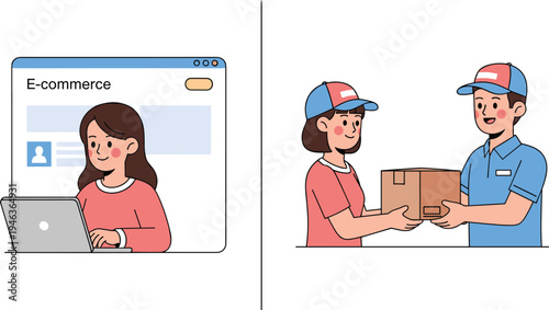 Ecommerce online shopping concept with woman ordering product on laptop website and courier delivering package box to customer home delivery service illustration