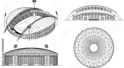 Sports stadium architectural blueprint set with arena perspective, elevation and roof structure technical drawings isolated vector illustrationSports stadium architectural blueprint 