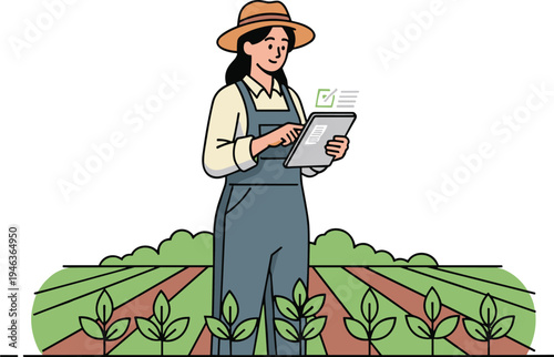 Female farmer using digital tablet in agricultural field monitoring crop growth and farm management technology smart farming concept modern agriculture illustration