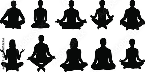 Collection of people in meditation poses sitting in lotus position isolated on white background cad drawing flat vector illustration for wellness