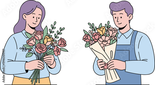 Florist arranging bouquet and woman holding fresh flowers romantic gift floral arrangement concept with roses and greenery decorative illustration