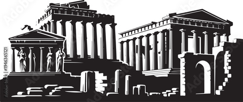 Ancient roman architecture ruins with columns and arches illustration