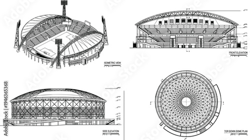 Sports stadium architectural blueprint drawings with arena isometric view, elevation and dome roof plan technical vector illustration