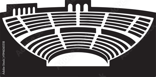 Icon of a roman amphitheater with white silhouette on black background