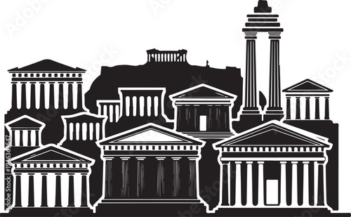Illustration of ancient Greek architecture with columns and temples