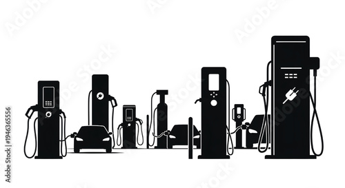 A collection of electric vehicle charging stations on a white background