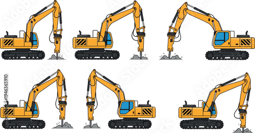 Hydraulic breaker excavator machine set showing demolition digging and construction work actions in detailed flat vector illustration isolated on light background for industry design