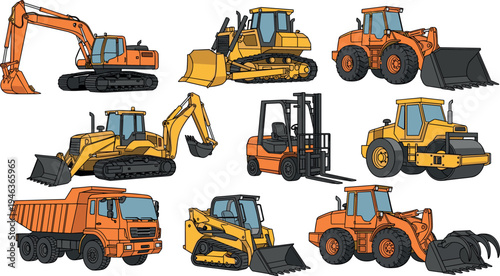 Set of heavy construction machinery vehicles including excavator bulldozer loader forklift dump truck and road roller in detailed flat vector illustration isolated background