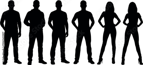 Silhouette collection of standing men and women in confident poses isolated on light background for fashion body language people character design concept