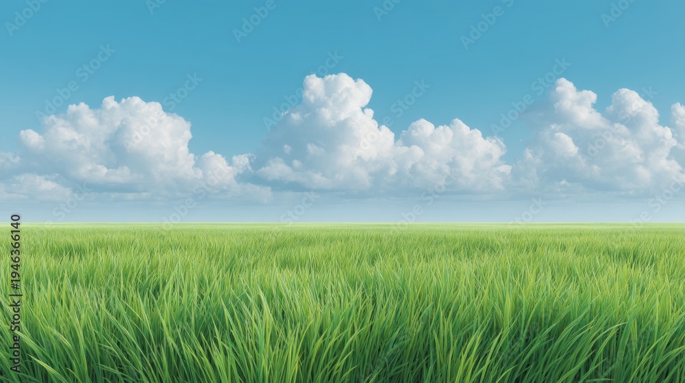 Obraz premium Vibrant Green Grass Under Bright Blue Sky with Fluffy White Clouds in a Calm Natural Landscape