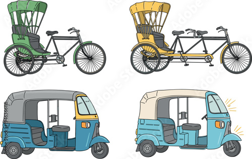 Traditional rickshaw and auto rickshaw transport vehicle set in detailed flat vector illustration showing side views isolated on light background for urban travel design
