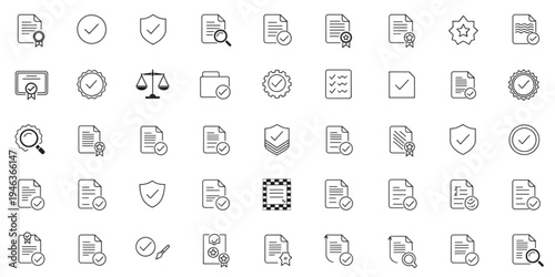 Collection of thin line vector icons for document management, file security, data verification, and secure information handling, essential for business and digital applications