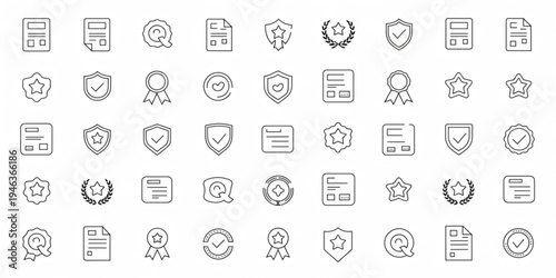 Collection of vector outline icons representing quality, certification, security, approval, and achievement concepts for diverse digital and print design applications
