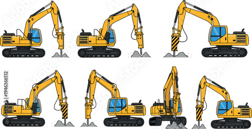 Yellow excavator hydraulic hammer vector collection showing construction machinery drilling ground, demolition equipment crawler vehicles working on site isolated industrial engineering illustration