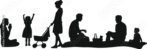 Silhouettes of People Having a Picnic in a Park, Family Activities, CAD Drawing Flat Vector Illustration, Outdoor Leisure Design Elements, (20 words)