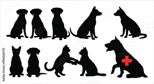 Silhouettes of various domestic animals including dogs cats and a veterinary symbol
