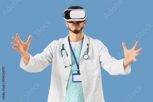 Male doctor using VR glasse...