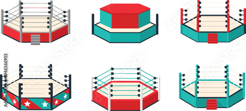 Boxing ring and MMA octagon arena set, combat sport fighting stage, wrestling ring platform illustration collection