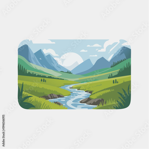serene mountain landscape with winding river valley illustration