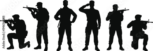 Soldier silhouettes collection featuring military personnel in combat poses isolated on white background cad drawing flat vector illustration for army design
