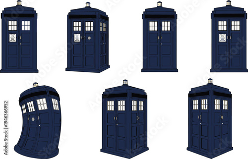 Blue police call box collection, vintage British police telephone box, sci fi time machine booth illustration vector set