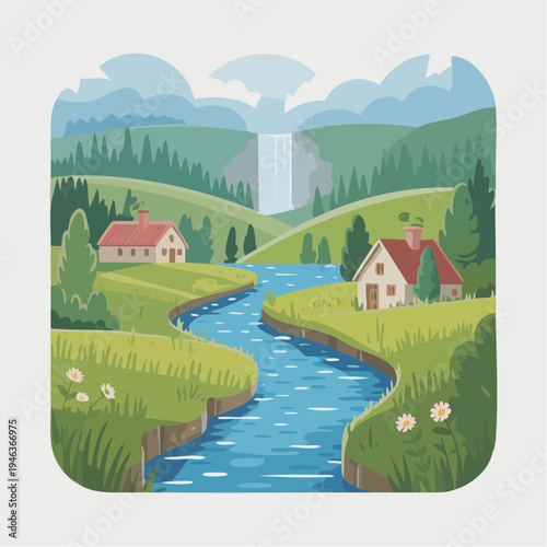 idyllic countryside landscape with river and houses