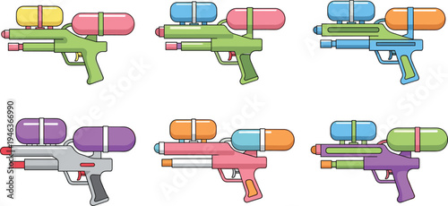 Colorful toy water guns set, plastic squirt blasters collection, summer water fight toys, playful cartoon illustration, kids outdoor fun