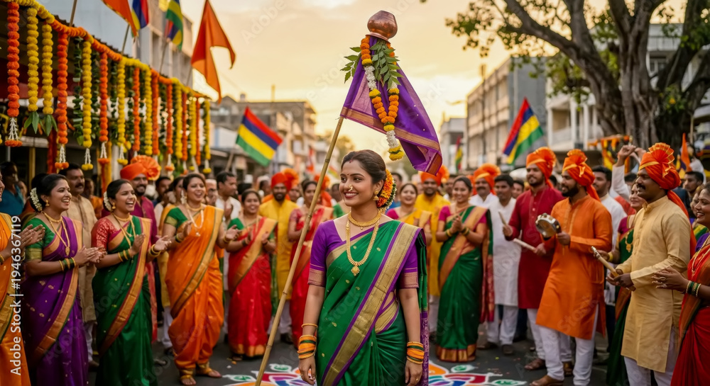 Naklejka premium Gudi Padwa festival celebration with traditional attire and cultural procession in India