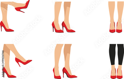 Woman legs wearing red high heel shoes set, elegant female footwear fashion illustration, stylish high heels vector collection