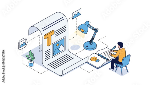 Content creation and copywriting concept showing man writing in book with lamp near large document with text and images.