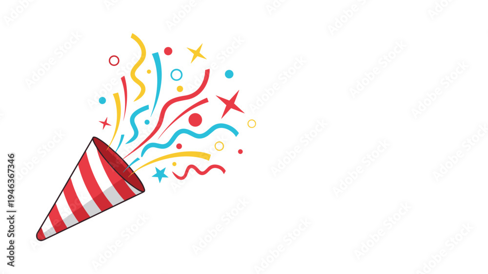 Obraz premium Festive party popper shooting out a burst of colorful confetti, ribbons, and stars, perfect for a celebration or surprise event.