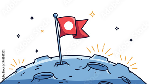 Red flag planted on the cratered blue surface of the moon under a starry sky, representing space exploration and achievement.