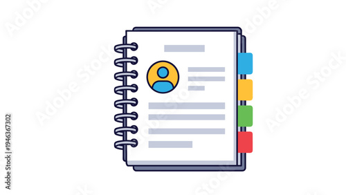 Personal contact directory or resume folder represented by a spiral notebook with a user profile icon and colorful index tabs.