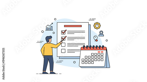 Professional worker checking off completed tasks on a giant to-do list next to a desk calendar for effective time management.