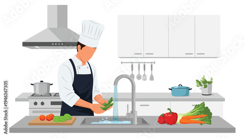 Professional chef in a white uniform washing fresh green vegetables in a sink within a clean, modern restaurant kitchen.