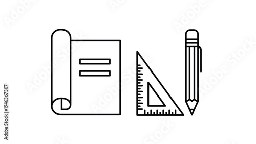 Architectural design set featuring a rolled blueprint document, a triangle ruler, and a sharpened graphite pencil for drafting.