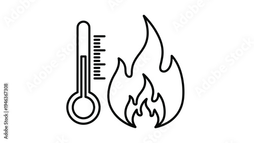 Black and white line art icons of a medical thermometer and a blazing fire flame representing heat and temperature levels.