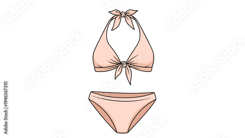 Simple hand-drawn illustration of a fashionable two-piece pink bikini swimsuit for women with tie-knot details on a white background.