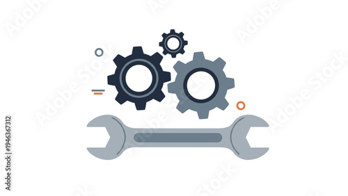 Set of three interlocking dark gears positioned above a large gray wrench, symbolizing repair, maintenance, and mechanical engineering.