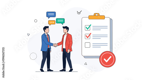 Two professional men shaking hands in agreement after completing all the requirements on a large clipboard checklist.