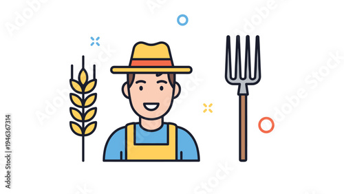 Smiling young farmer wearing a straw hat and overalls standing between a stalk of wheat and a traditional farm pitchfork.
