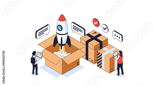 Startup business team launching a rocket from a shipping box while managing packages and customer feedback in an isometric view.