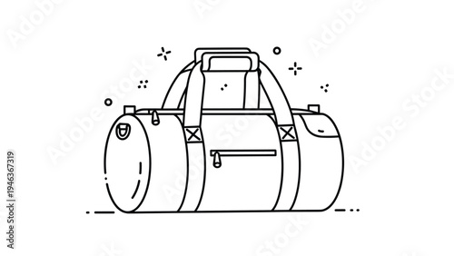 Minimalist black and white line art drawing of a cylindrical duffel bag for sports, travel, or fitness training use.