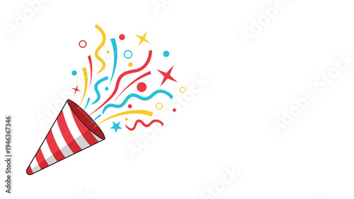 Festive party popper shooting out a burst of colorful confetti, ribbons, and stars, perfect for a celebration or surprise event.